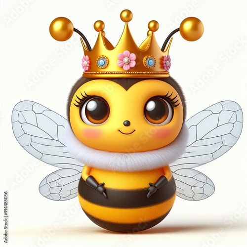 Cute Queen Bee With Crown Cartoon , 3d Generative aI