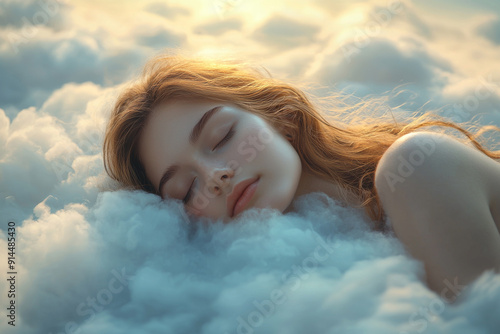 A Beautiful Woman Sleeping on a Cloud Above a Tranquil Landscape at Sunset.