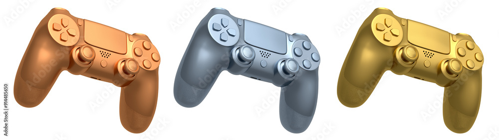 Collection of gaming controllers with different colors and designs for gaming enthusiasts isolated on white background with clipping path Collection of gaming controllers with different colors and designs for gaming enthusiasts isolated on white background with clipping path