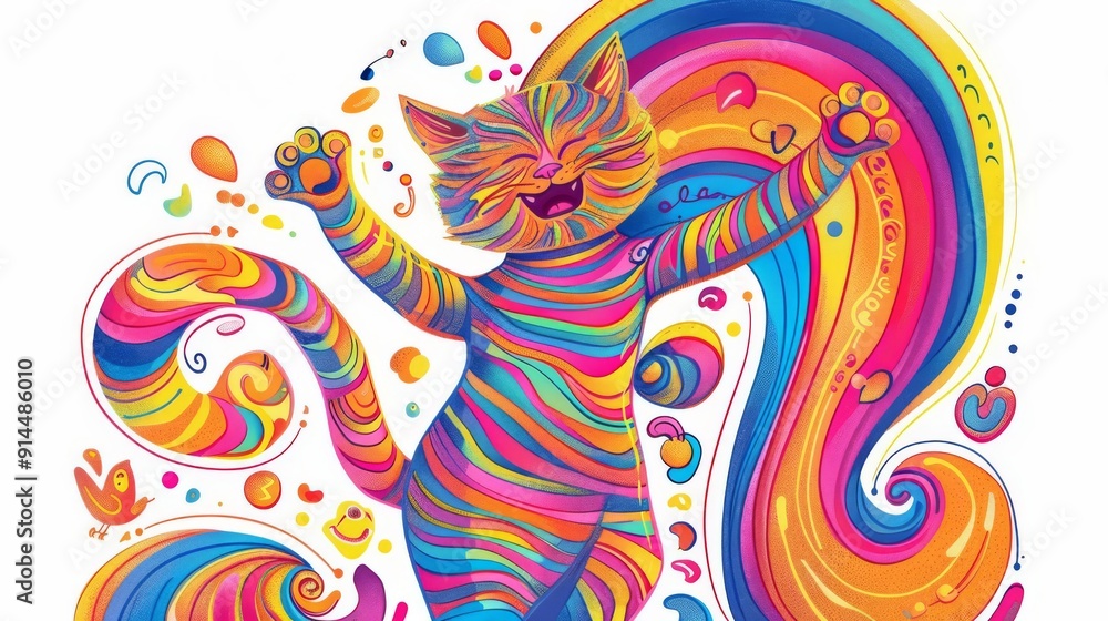 Obraz premium Dancing doodle cat, under a rainbow, joyful expression, whimsical design, isolated on white background