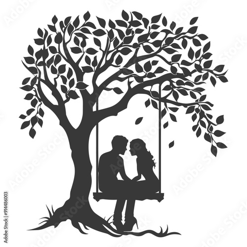 Silhouette Couple Romantically Sharing a Treetop Swing