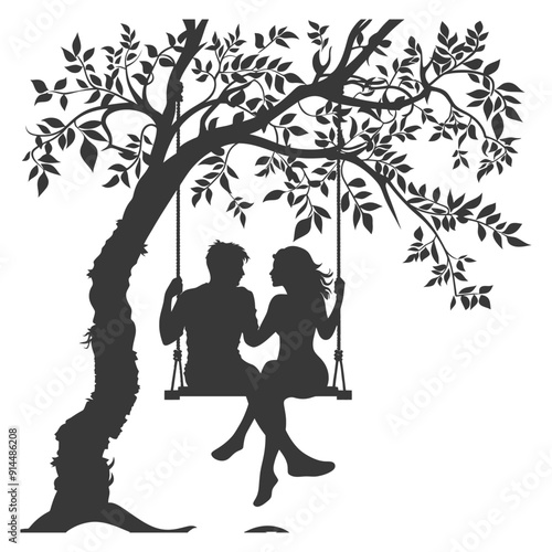Silhouette Couple Romantically Sharing a Tree Swing