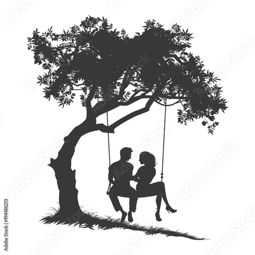 Silhouette Couple Romantically Sharing a Tree Swing