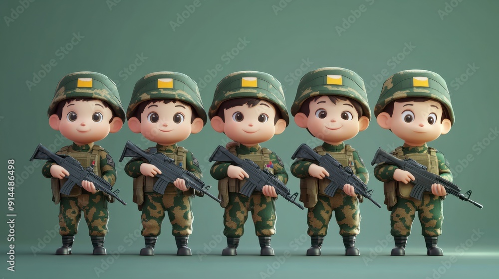 Naklejka premium Cute baby soldier army wearing beautiful army uniform. cartoon Kids army parade.
