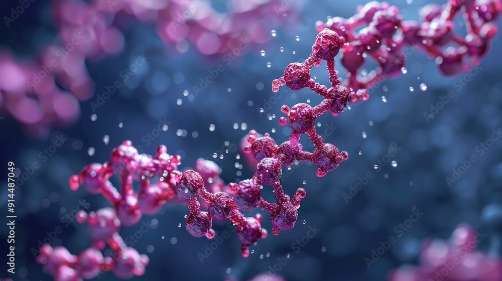 A 3D illustration of a DNA double helix, with a blue background and pink nucleotides. The image is perfect for use in scientific or medical publications. A 3D illustration of a DNA double helix, with a blue background and pink nucleotides. The image is perfect for use in scientific or medical publications.