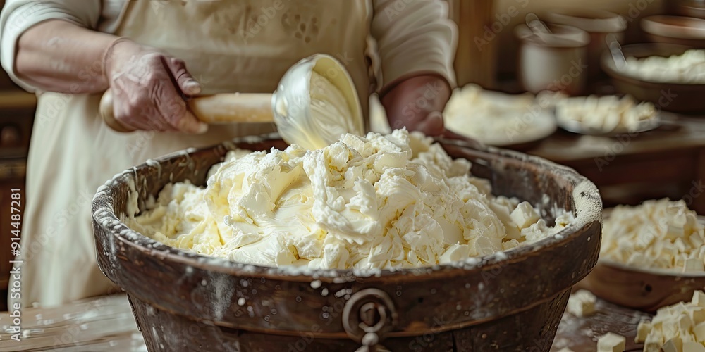 Fototapeta premium A baker mixing dough in a large wooden bowl.
