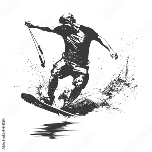 Dynamic Wakeboarder Silhouette: Grunge Style Action Illustration