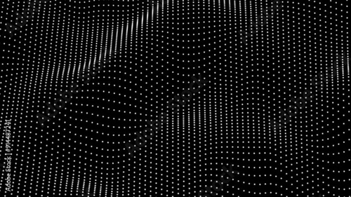 Flowing white dots wave on a black background. Abstract digital particle and dot wave animation.