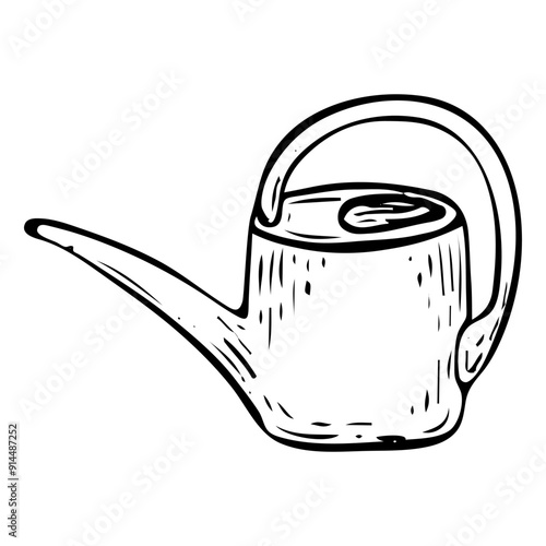 A watering can for watering flowers, hand drawn in doodle style. Hobby gardening. Water tool with handle and long spout. Vector line art illustration.