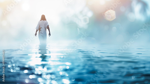 Jesus walking on water faith miracle christianity religion bible God spiritual hope belief sea ocean water reflection light bokeh nature peaceful divine savior messiah holy photo