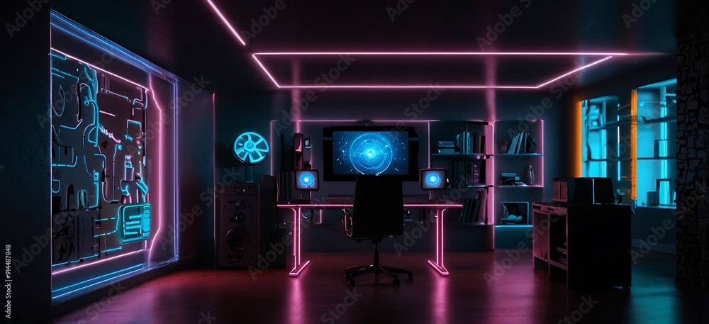 Robotic gamer room with colorful neon lights in future Robotic gamer room with colorful neon lights in future
