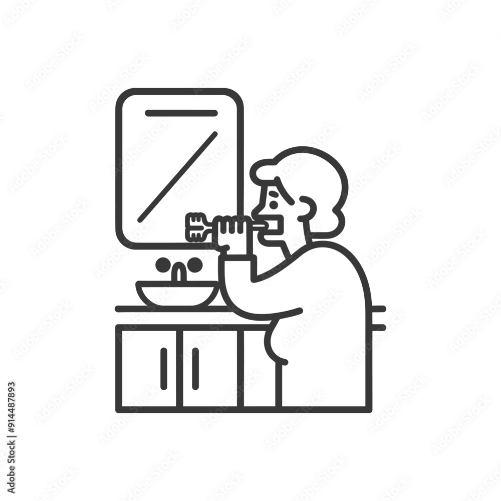 Line Art Illustration: Senior Woman Brushing Teeth in Bathroom Line Art Illustration: Senior Woman Brushing Teeth in Bathroom