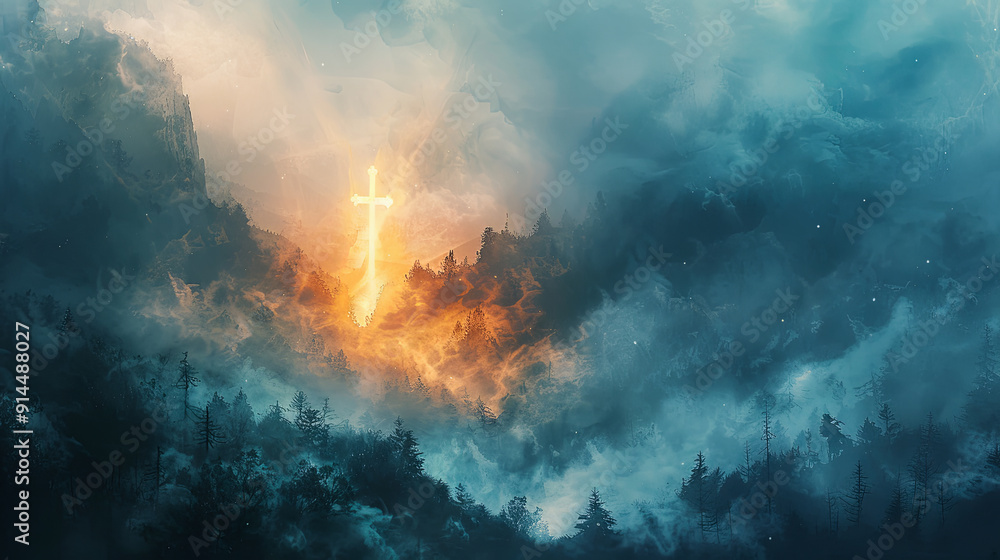 Fototapeta premium Glowing cross forest clouds mountains fantasy landscape mystical magical surreal spiritual light darkness nature hope religion faith scenic tranquil