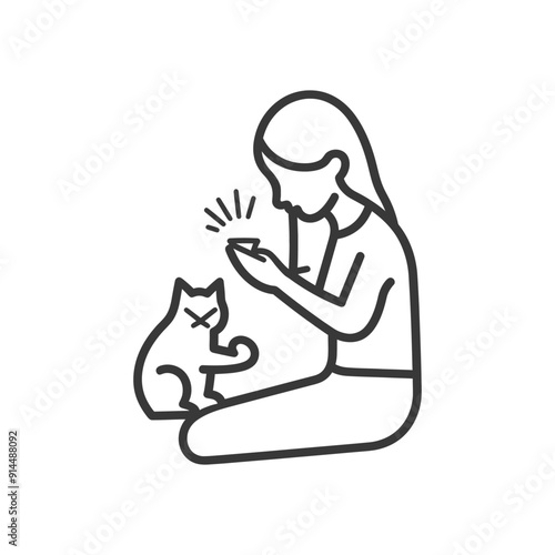 Line Art Illustration: Girl Ignoring Grumpy Cat for Smartphone