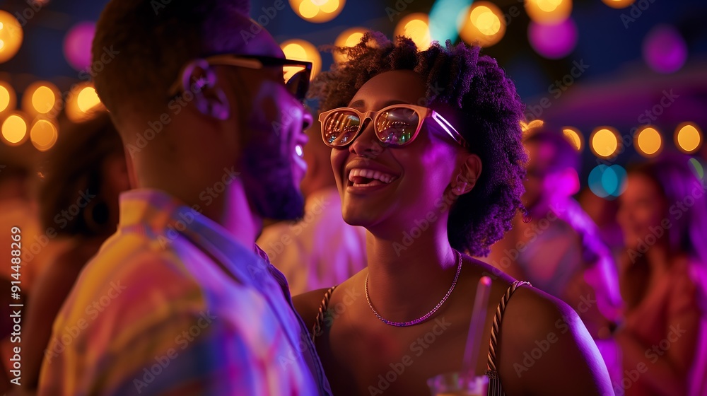 Happy Couple Enjoying Night Out, Laughing Together at a Party Happy Couple Enjoying Night Out, Laughing Together at a Party