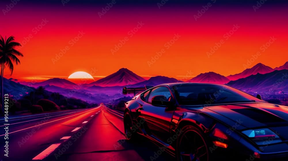 Synthwave Sunset Scenery: A Supercar Driving Down the Road on an Orange Sunset, Waves, Mountains, Palm Trees, Miami, 80s, Summer Vibes, Golden Times, Neon Dreams, Retro Aesthetics, Futuristic Synthwave Sunset Scenery: A Supercar Driving Down the Road on an Orange Sunset, Waves, Mountains, Palm Trees, Miami, 80s, Summer Vibes, Golden Times, Neon Dreams, Retro Aesthetics, Futuristic