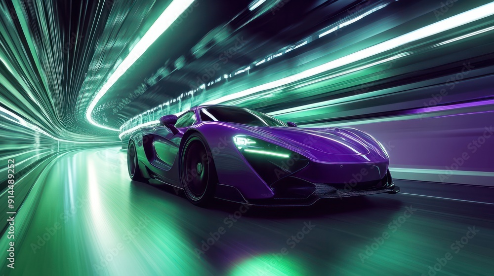 Neon violet sports car speeding in a green-lit tunnel, ultra HD, dynamic motion effect. Neon violet sports car speeding in a green-lit tunnel, ultra HD, dynamic motion effect.