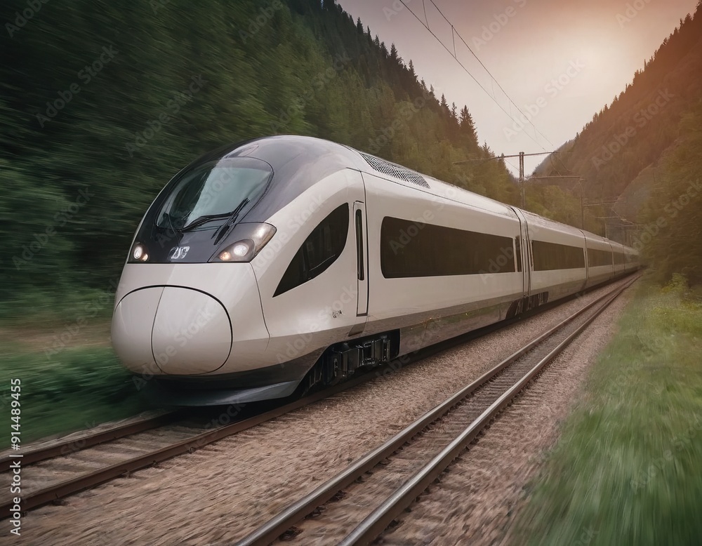 Fototapeta premium Modern high-speed train approaches to the station at spring morning time.
