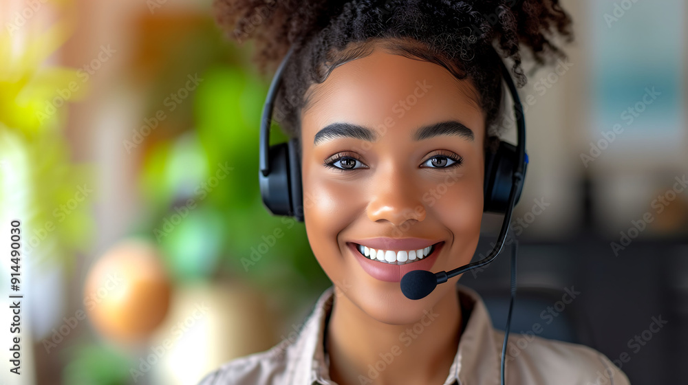 Smiling Customer Service Representative with Headset in Office Smiling Customer Service Representative with Headset in Office