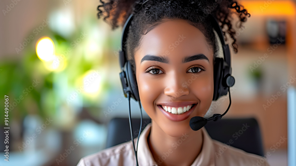 Smiling Customer Service Representative with Headset in Office Smiling Customer Service Representative with Headset in Office