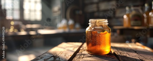 Glass jar filled with honey, 4K hyperrealistic photo