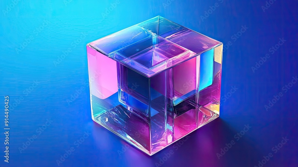 3D holographic abstract cube with crystal blocks and a purple color texture, isolated on a blue background for a futuristic vector illustration. 3D holographic abstract cube with crystal blocks and a purple color texture, isolated on a blue background for a futuristic vector illustration.