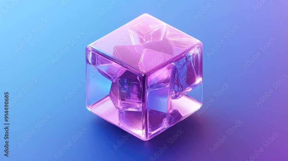 3D vector design featuring a holographic cube with purple crystal blocks, isolated on a blue background for a striking and modern illustration. 3D vector design featuring a holographic cube with purple crystal blocks, isolated on a blue background for a striking and modern illustration.