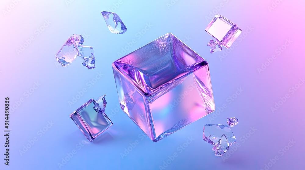 Abstract 3D cube with a holographic purple texture and crystal blocks, isolated on a blue background, creating a modern and eye-catching vector illustration. Abstract 3D cube with a holographic purple texture and crystal blocks, isolated on a blue background, creating a modern and eye-catching vector illustration.