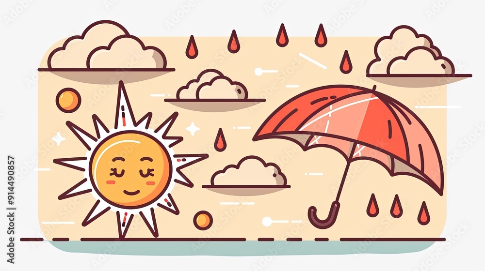 Fototapeta premium A simple line drawing depicts the sun, clouds and an umbrella 