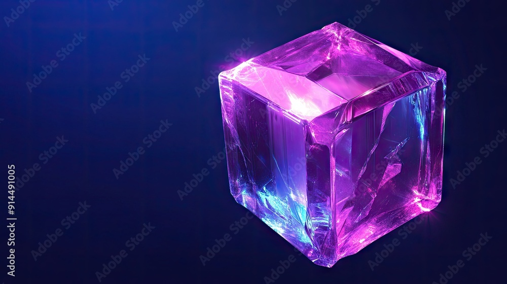 Abstract 3D holographic cube with purple crystal block textures, isolated on a blue background, perfect for futuristic vector illustrations. Abstract 3D holographic cube with purple crystal block textures, isolated on a blue background, perfect for futuristic vector illustrations.