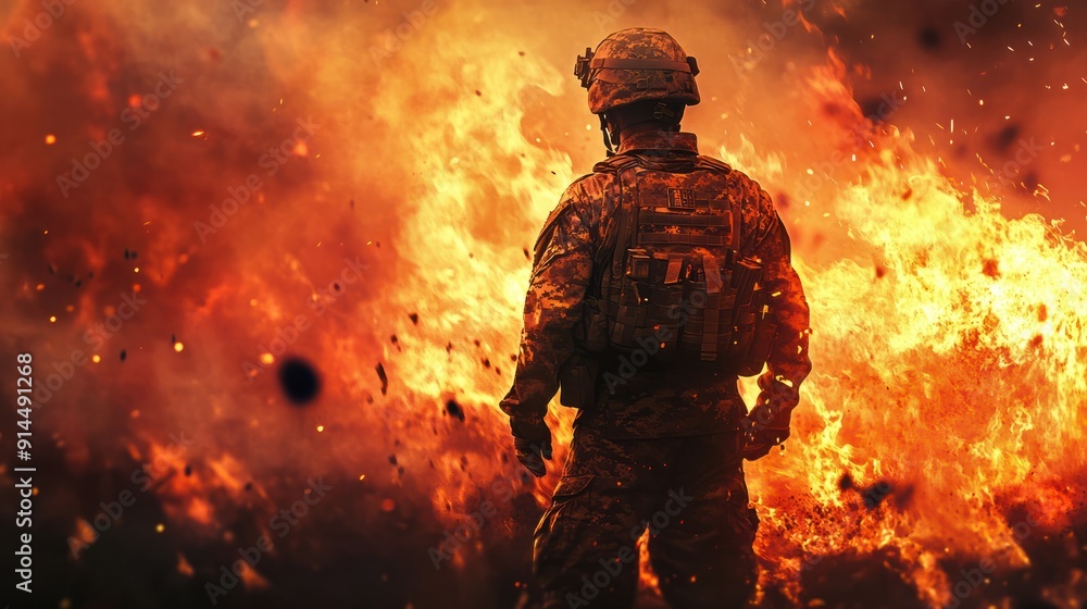 soldier at war, war zone, fictional location, fire and flames, something is burning from a attack or explosion soldier at war, war zone, fictional location, fire and flames, something is burning from a attack or explosion