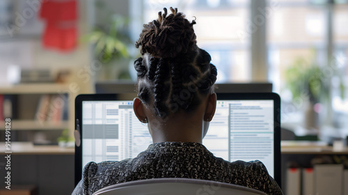 Back View of Woman Focused on Work at Computer photo