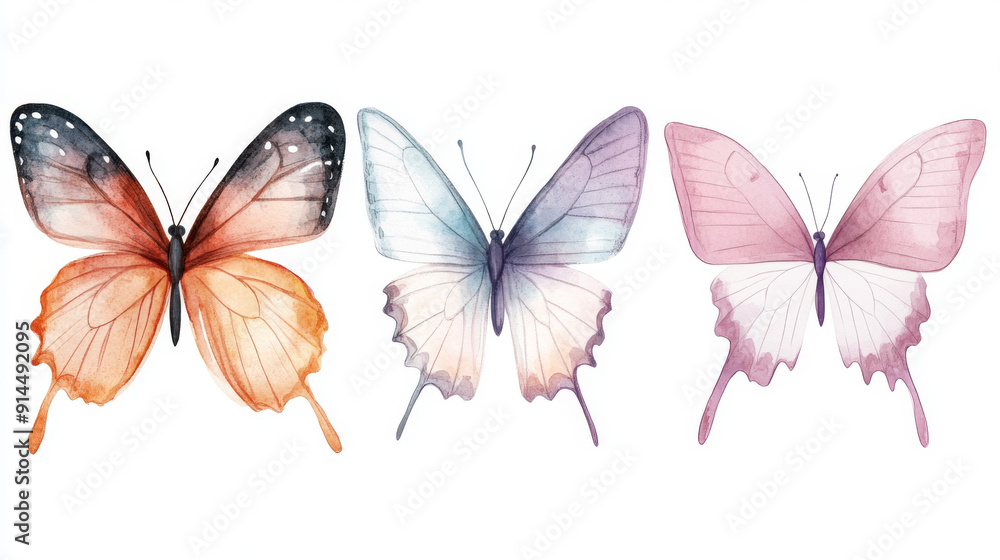Obraz premium Beautiful watercolor illustrations of butterflies in pastel colors, perfect for art projects, nature themes, and design inspiration. 