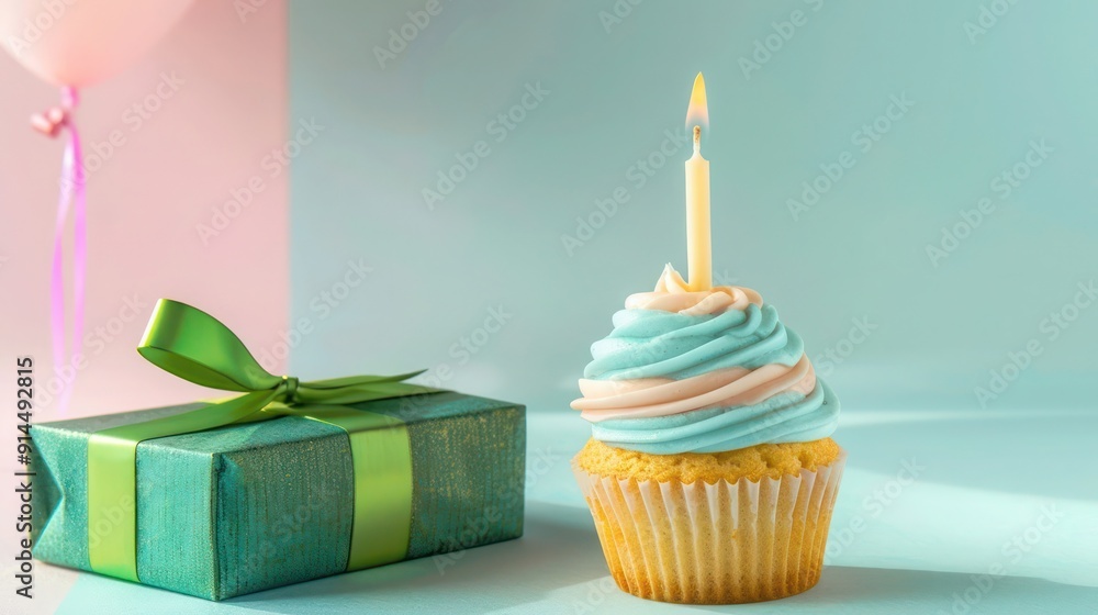 Sophisticated minimalist Birthday Cupcake with one candle on a vibrant pastel pink and blue gradient background, complemented by a modern green gift box. The colorful and elegant setup Sophisticated minimalist Birthday Cupcake with one candle on a vibrant pastel pink and blue gradient background, complemented by a modern green gift box. The colorful and elegant setup