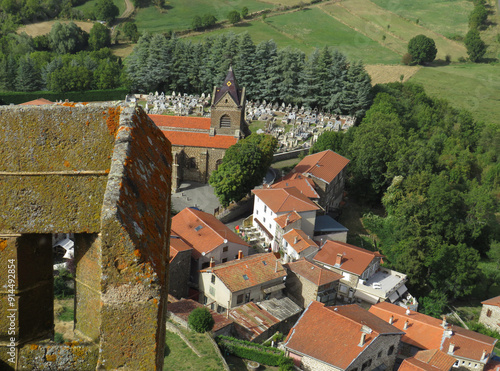 Landscape view from the Castle of Polignac. View of the village, the church and the cemetery. Auvergne. France. 