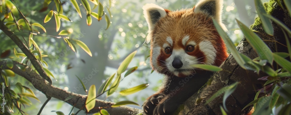 Obraz premium Curious red panda in the trees, 4K hyperrealistic photo