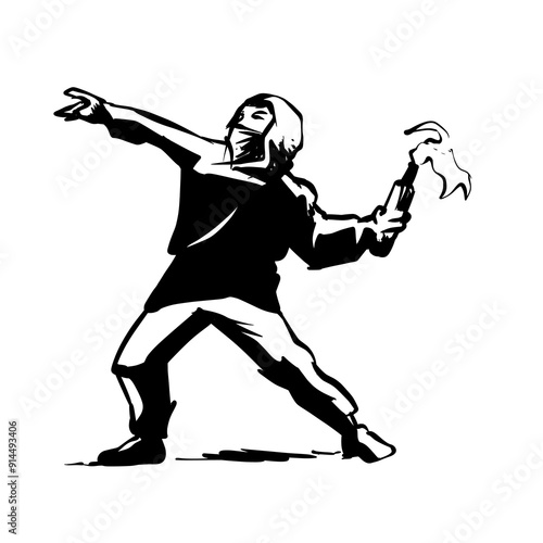 Man Throwing Molotov Cocktail Silhouette Vector Art Illustration