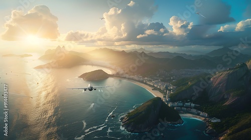 Airplane flying over Rio de Janeiro coastline at sunrise. photo