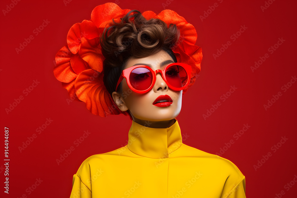 portrait of a woman with wig over red background portrait of a woman with wig over red background
