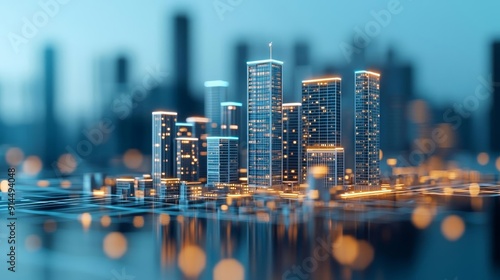 Real estate financial overlay on high-rise buildings, investment insights, smart city tech