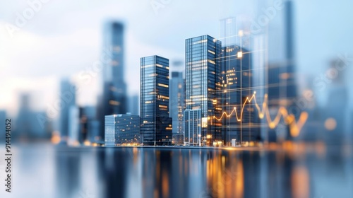 Real estate financial overlay on high-rise buildings, investment insights, smart city tech