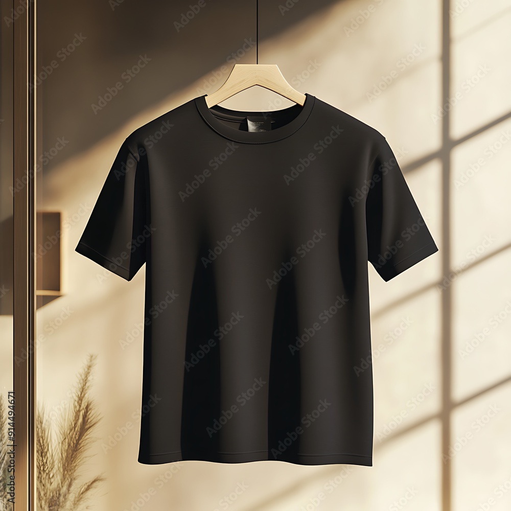 Blank Black T-shirt Mockup Displayed in Clothes Shop Window with Mannequin and Light Wall Background Blank Black T-shirt Mockup Displayed in Clothes Shop Window with Mannequin and Light Wall Background