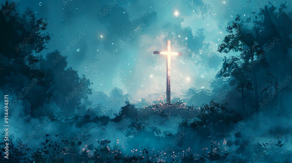 Naklejka premium Glowing cross religion hope faith christianity spiritual forest dark night mystical nature landscape god jesus christ belief symbol heaven scene background light divine holy peaceful illustration art
