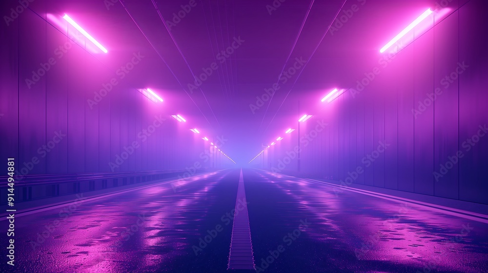 Foggy road with neon pink lights Foggy road with neon pink lights
