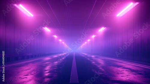 Foggy road with neon pink lights