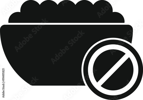 Black and white silhouette icon of a full bowl of food with a prohibition sign, representing a food restriction concept