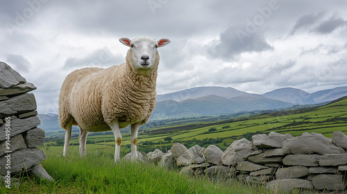 Majestic Sheep Standing by Stone Wall Overlooking Rolling Hills photo