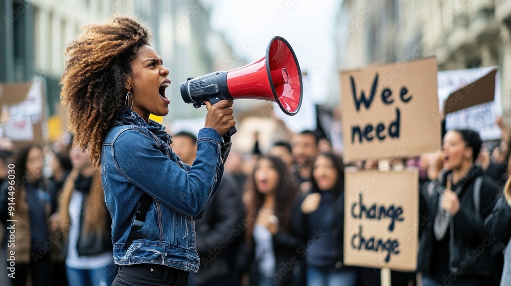 © inthasone - A young African American woman activist on the street shouting a megaphone in a crowd and celebrating human rights with a group of people during a peaceful protest against systematic injustice. © inthasone - A young African American woman activist on the street shouting a megaphone in a crowd and celebrating human rights with a group of people during a peaceful protest against systematic injustice.