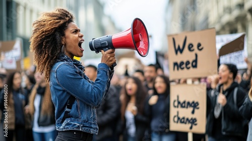 A young African American woman activist on the street shouting a megaphone in a crowd and celebrating human rights with a group of people during a peaceful protest against systematic injustice.