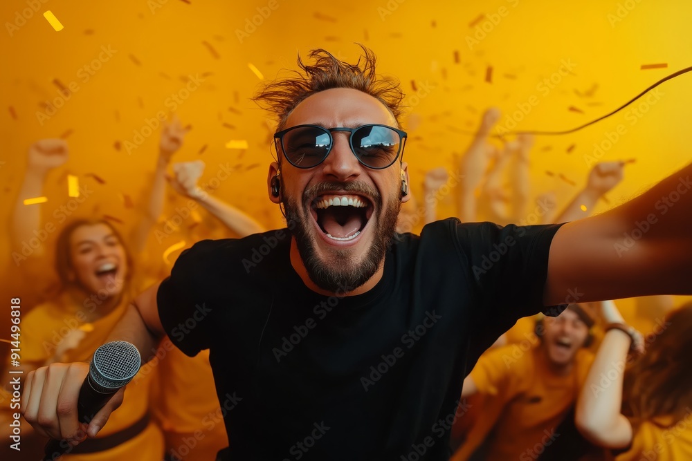 Joyful man in sunglasses leading a lively crowd in song at a vibrant concert, holding a microphone Joyful man in sunglasses leading a lively crowd in song at a vibrant concert, holding a microphone
